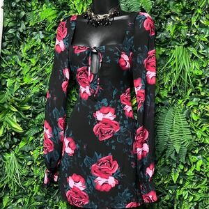 Princess Polly Dress Size 2 Black Red Rose Floral Long Sleeve Keyhole Mini 3837